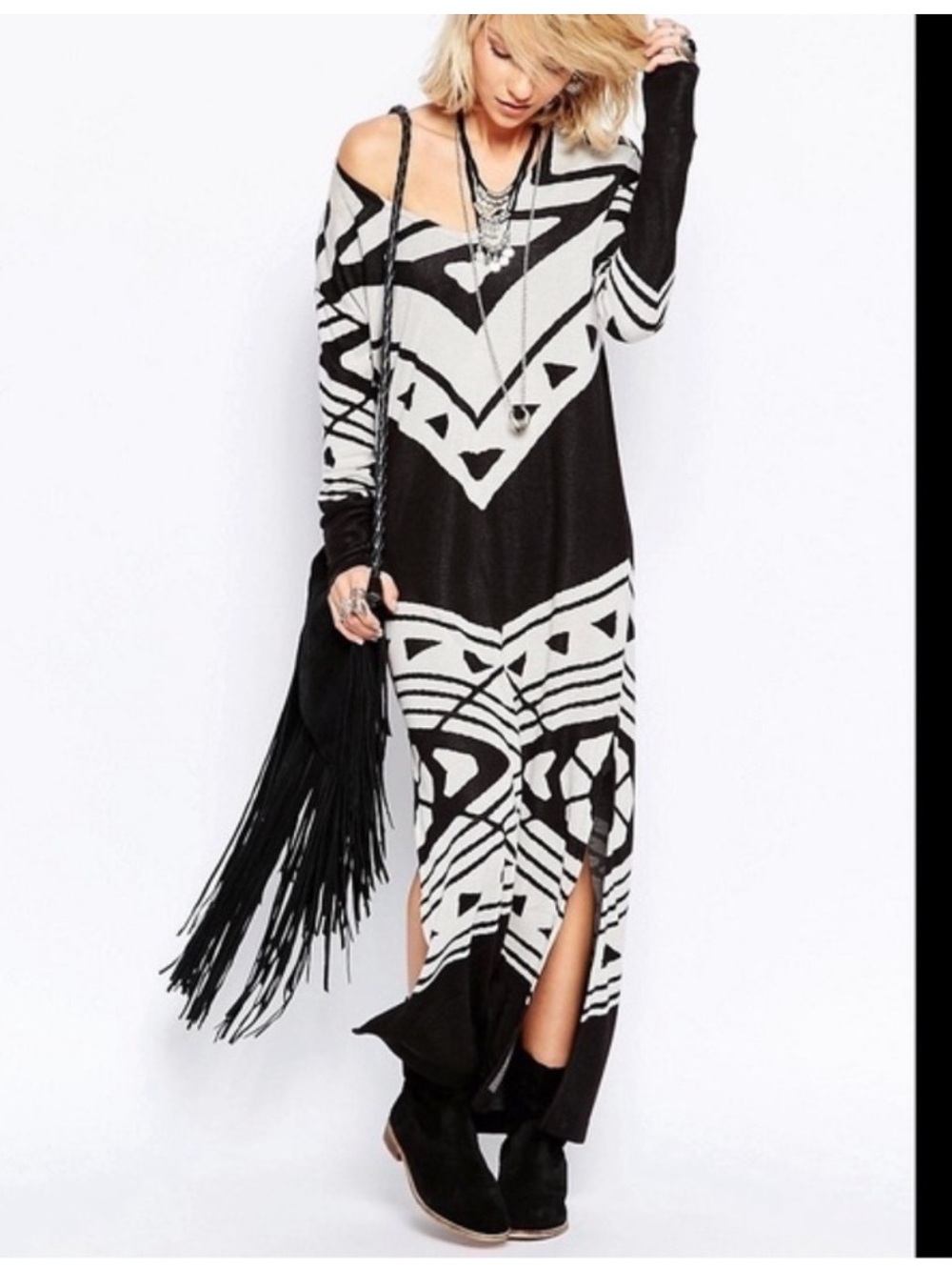 Free People Black & White Geometric Off-Shoulder Maxi